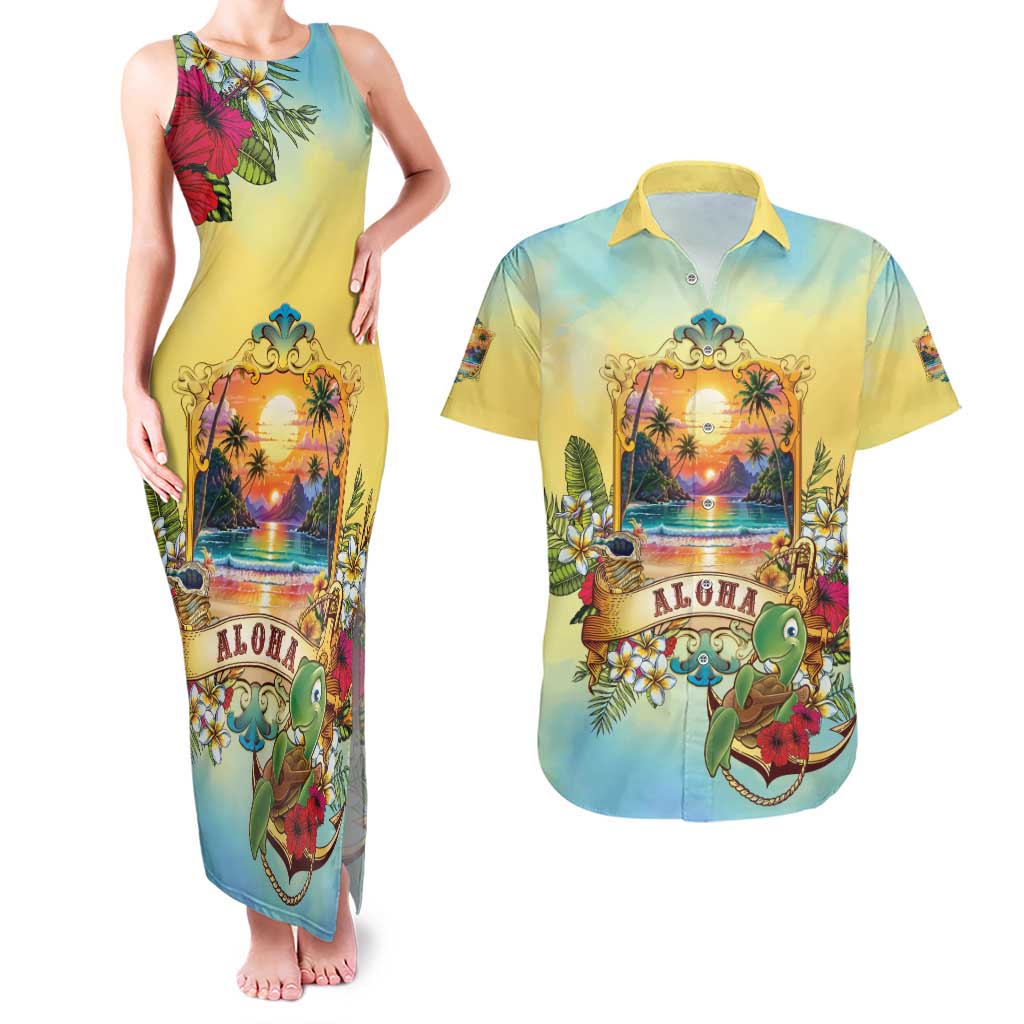Aloha Hawaii Turtle Couples Matching Tank Maxi Dress and Hawaiian Shirt Retro Style - Polynesian Pride