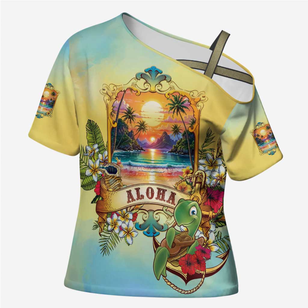 Aloha Hawaii Turtle Cross Shoulder Shirt Retro Style LT05 Female Beige - Polynesian Pride