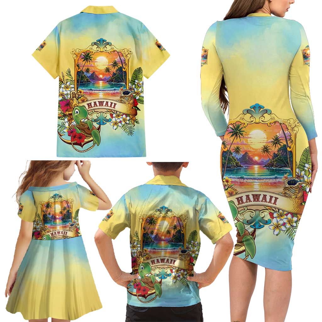 Aloha Hawaii Turtle Family Matching Long Sleeve Bodycon Dress and Hawaiian Shirt Retro Style - Polynesian Pride
