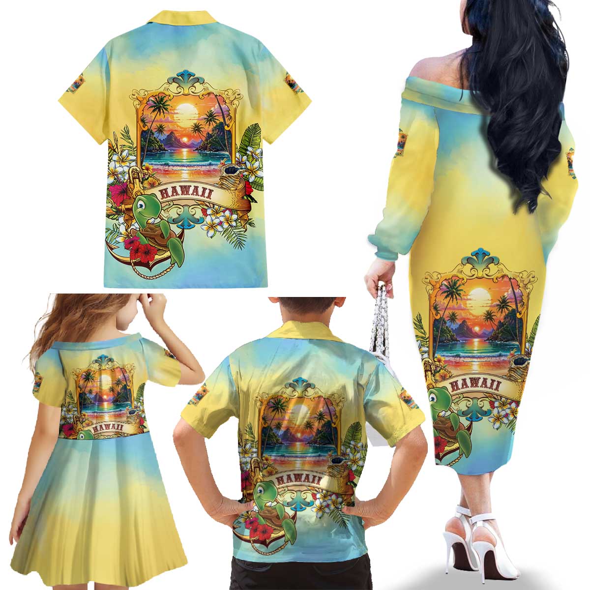 Aloha Hawaii Turtle Family Matching Off The Shoulder Long Sleeve Dress and Hawaiian Shirt Retro Style - Polynesian Pride