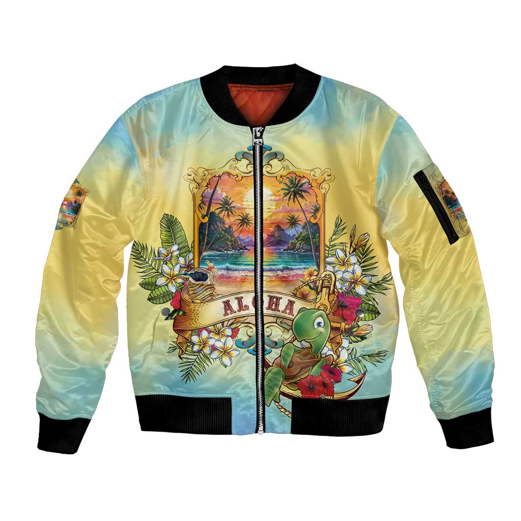 Aloha Hawaii Turtle Sleeve Zip Bomber Jacket Retro Style LT05 Unisex Beige - Polynesian Pride