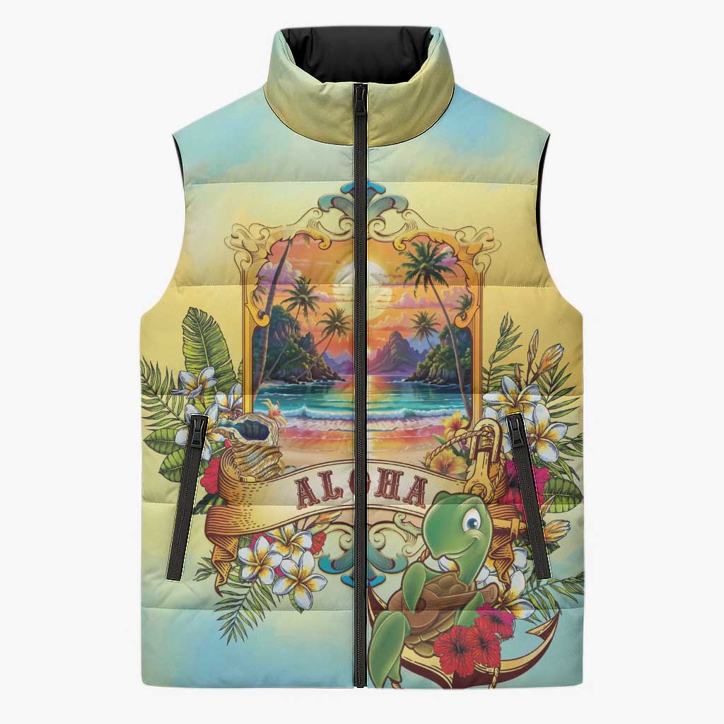 Aloha Hawaii Turtle Sleeveless Puffer Jacket Retro Style LT05 Unisex Beige - Polynesian Pride