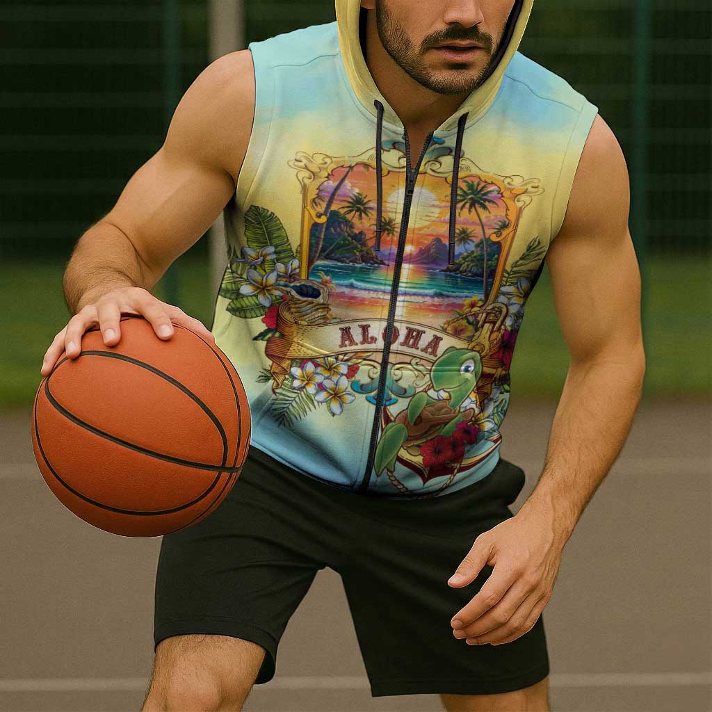 Aloha Hawaii Turtle Sleeveless Zip Hoodie Retro Style LT05 - Polynesian Pride