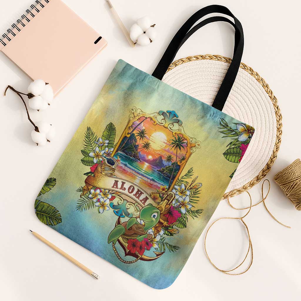 Aloha Hawaii Turtle Tote Bag Retro Style LT05 Black Strap One Size Beige - Polynesian Pride