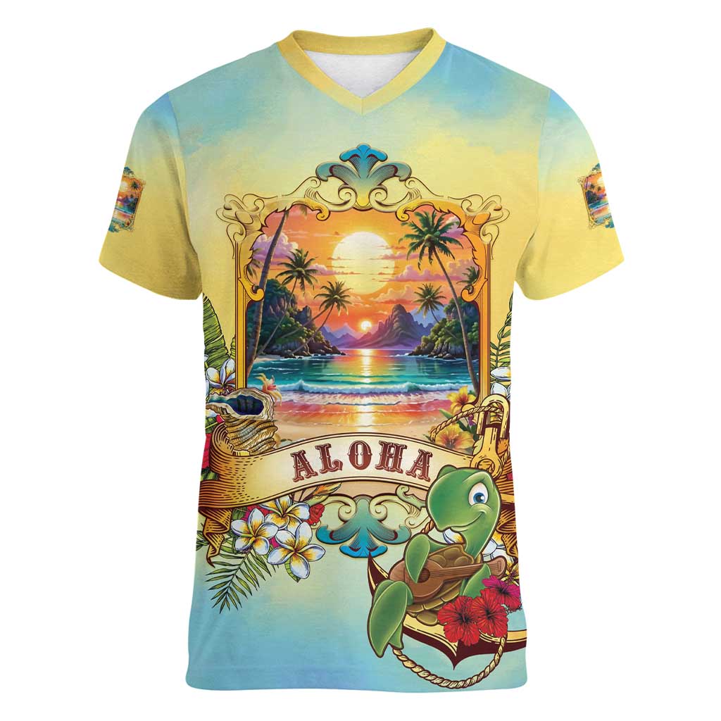 Aloha Hawaii Turtle Women V-Neck T-Shirt Retro Style LT05 Female Beige - Polynesian Pride