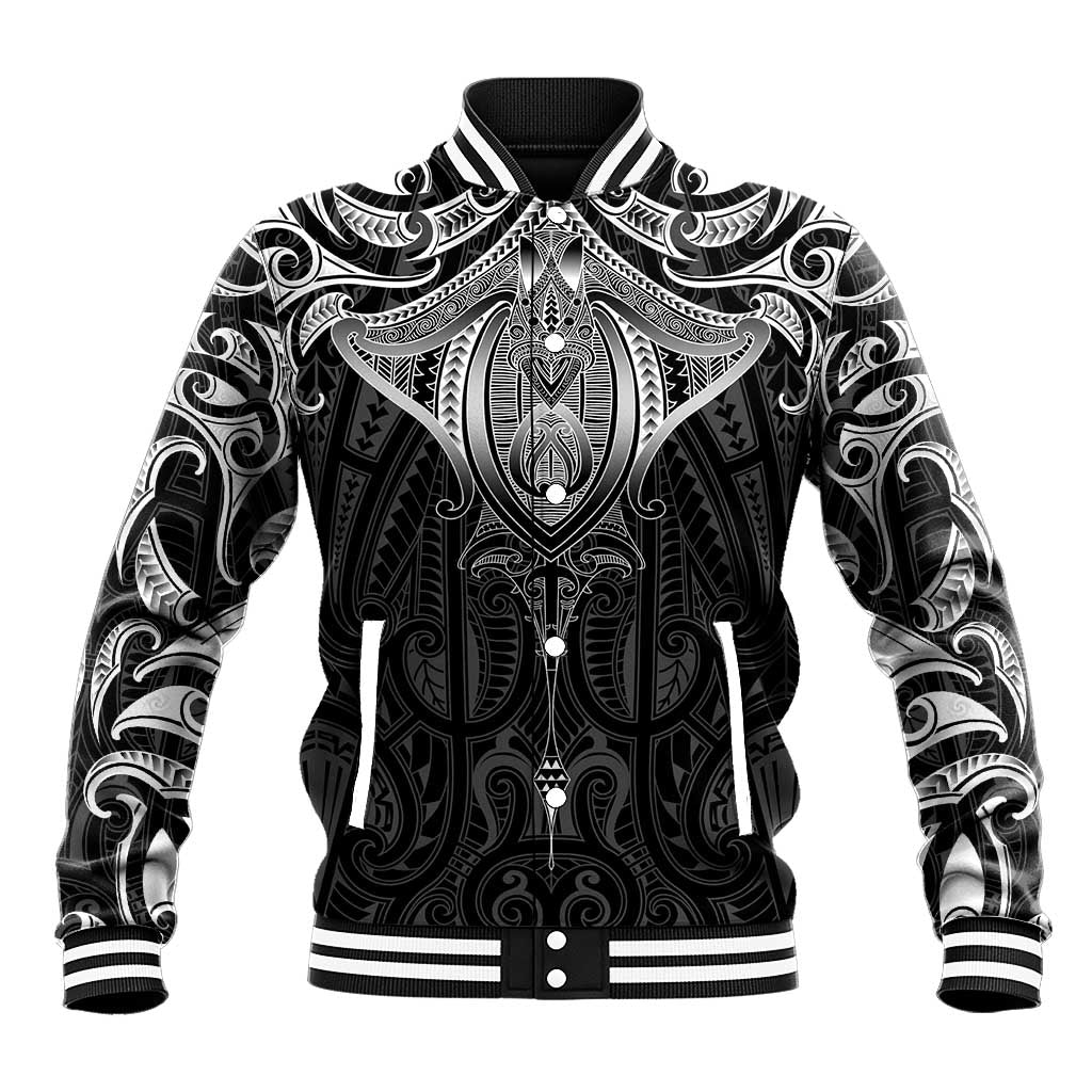 New Zealand Aotearoa Baseball Jacket Maori Manta Ray Moko Black LT05 Unisex Black - Polynesian Pride
