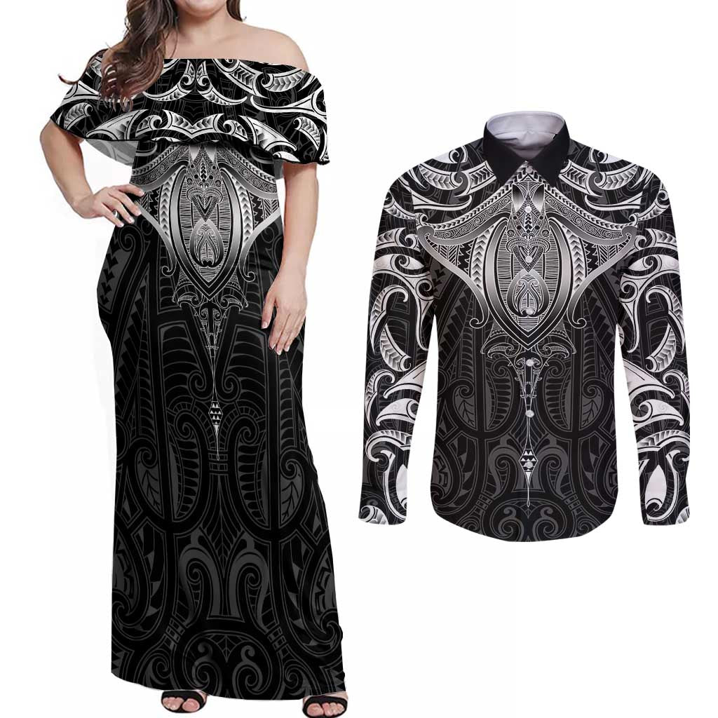 New Zealand Aotearoa Couples Matching Off Shoulder Maxi Dress and Long Sleeve Button Shirt Maori Manta Ray Moko Black - Polynesian Pride