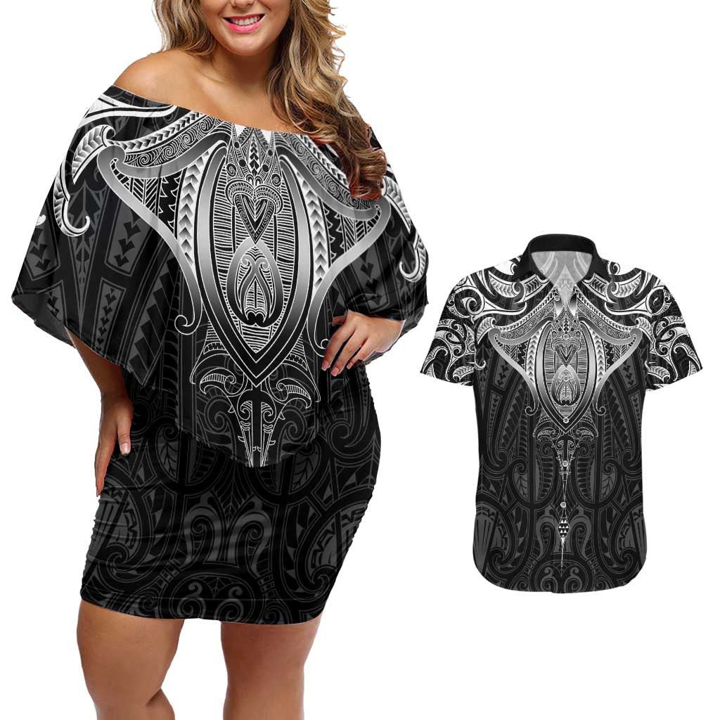 New Zealand Aotearoa Couples Matching Off Shoulder Short Dress and Hawaiian Shirt Maori Manta Ray Moko Black - Polynesian Pride