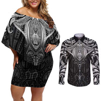 New Zealand Aotearoa Couples Matching Off Shoulder Short Dress and Long Sleeve Button Shirt Maori Manta Ray Moko Black - Polynesian Pride