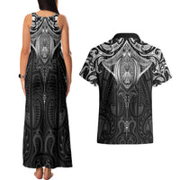 New Zealand Aotearoa Couples Matching Tank Maxi Dress and Hawaiian Shirt Maori Manta Ray Moko Black - Polynesian Pride
