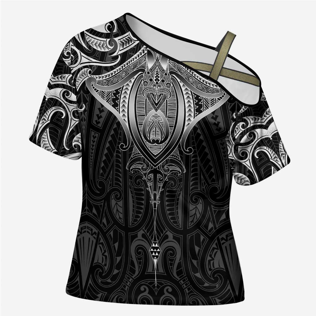 New Zealand Aotearoa Cross Shoulder Shirt Maori Manta Ray Moko Black - Polynesian Pride