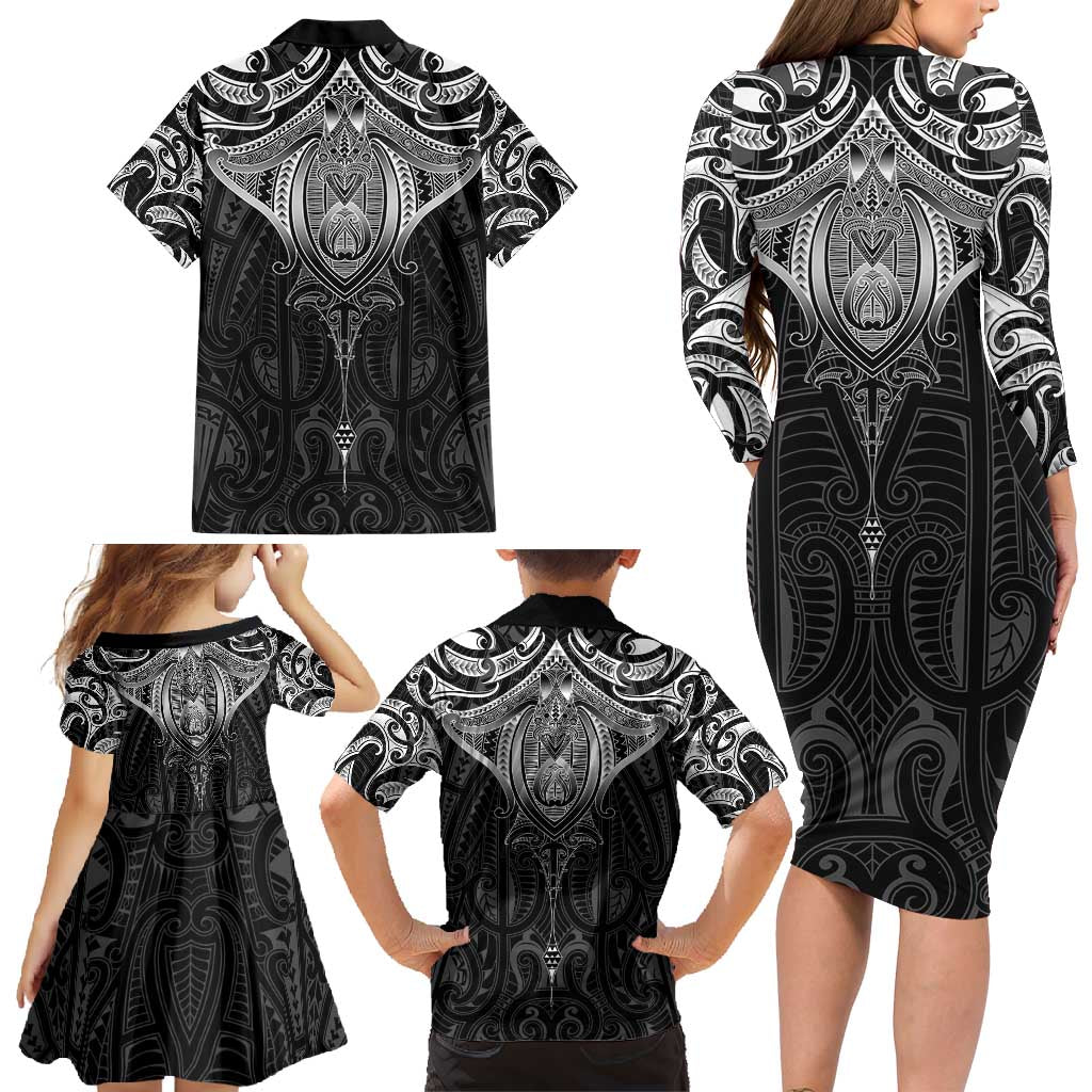 New Zealand Aotearoa Family Matching Long Sleeve Bodycon Dress and Hawaiian Shirt Maori Manta Ray Moko Black - Polynesian Pride