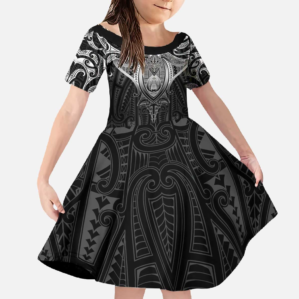 New Zealand Aotearoa Family Matching Off The Shoulder Long Sleeve Dress and Hawaiian Shirt Maori Manta Ray Moko Black - Polynesian Pride