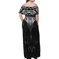 New Zealand Aotearoa Family Matching Off Shoulder Maxi Dress and Hawaiian Shirt Maori Manta Ray Moko Black - Polynesian Pride