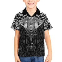 New Zealand Aotearoa Family Matching Off Shoulder Short Dress and Hawaiian Shirt Maori Manta Ray Moko Black - Polynesian Pride