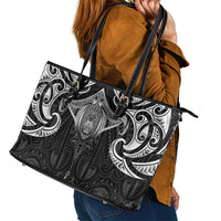 New Zealand Aotearoa Leather Tote Bag Maori Manta Ray Moko Black - Polynesian Pride