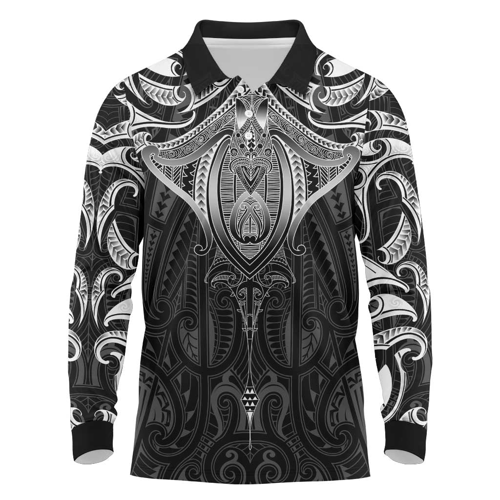 New Zealand Aotearoa Long Sleeve Polo Shirt Maori Manta Ray Moko Black - Polynesian Pride