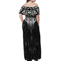 New Zealand Aotearoa Off Shoulder Maxi Dress Maori Manta Ray Moko Black - Polynesian Pride