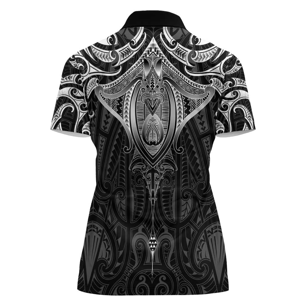 New Zealand Aotearoa Women Polo Shirt Maori Manta Ray Moko Black - Polynesian Pride