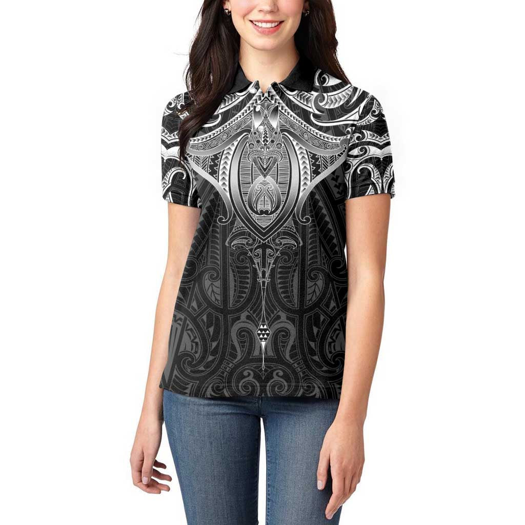 New Zealand Aotearoa Women Polo Shirt Maori Manta Ray Moko Black - Polynesian Pride