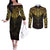 New Zealand Aotearoa Couples Matching Off The Shoulder Long Sleeve Dress and Long Sleeve Button Shirt Maori Manta Ray Moko Gold - Polynesian Pride