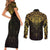 New Zealand Aotearoa Couples Matching Short Sleeve Bodycon Dress and Long Sleeve Button Shirt Maori Manta Ray Moko Gold - Polynesian Pride