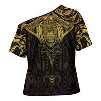 New Zealand Aotearoa Cross Shoulder Shirt Maori Manta Ray Moko Gold - Polynesian Pride