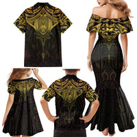 New Zealand Aotearoa Family Matching Mermaid Dress and Hawaiian Shirt Maori Manta Ray Moko Gold - Polynesian Pride