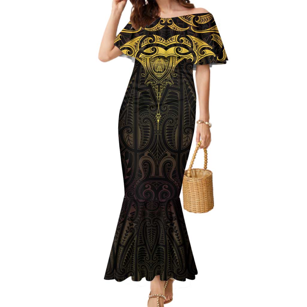 New Zealand Aotearoa Family Matching Mermaid Dress and Hawaiian Shirt Maori Manta Ray Moko Gold - Polynesian Pride