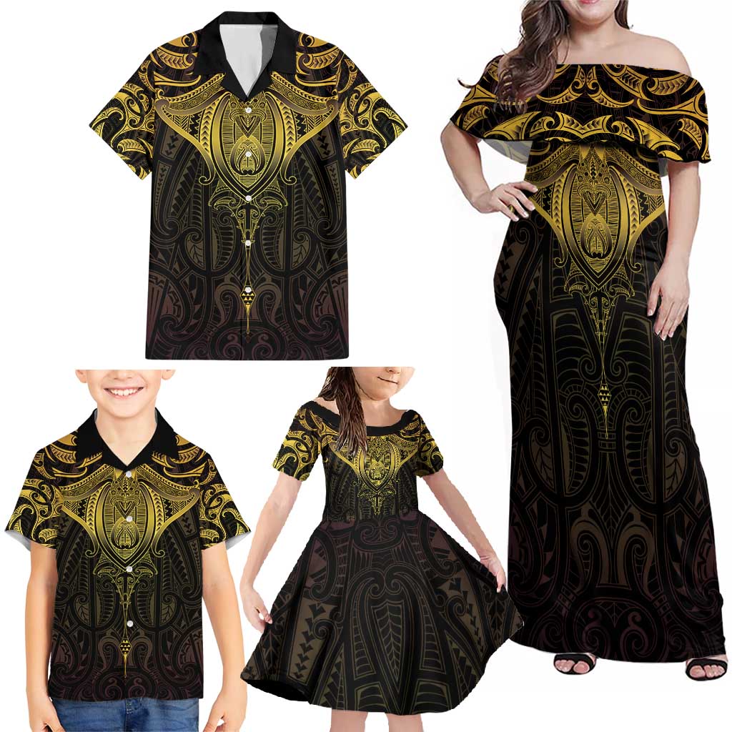 New Zealand Aotearoa Family Matching Off Shoulder Maxi Dress and Hawaiian Shirt Maori Manta Ray Moko Gold - Polynesian Pride