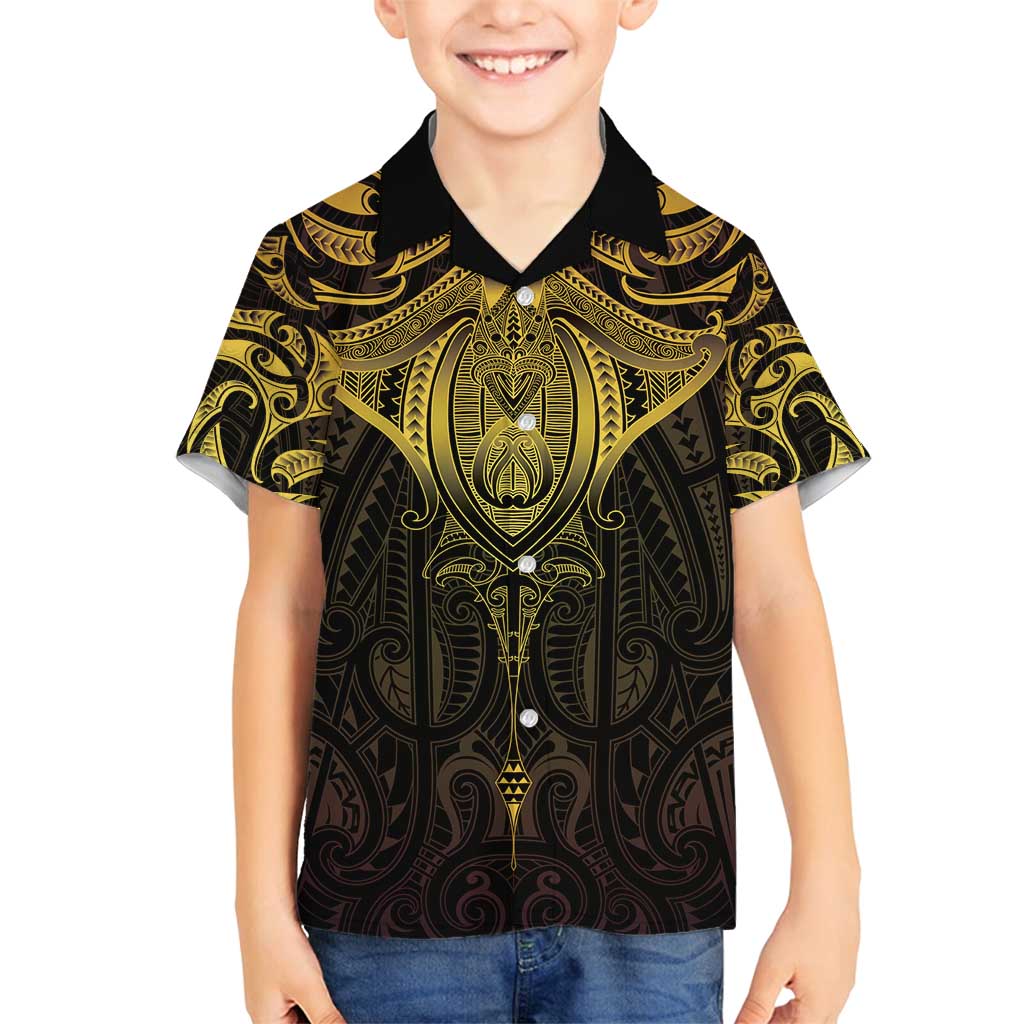 New Zealand Aotearoa Family Matching Puletasi and Hawaiian Shirt Maori Manta Ray Moko Gold - Polynesian Pride