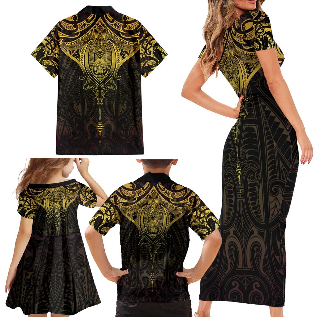 New Zealand Aotearoa Family Matching Short Sleeve Bodycon Dress and Hawaiian Shirt Maori Manta Ray Moko Gold - Polynesian Pride