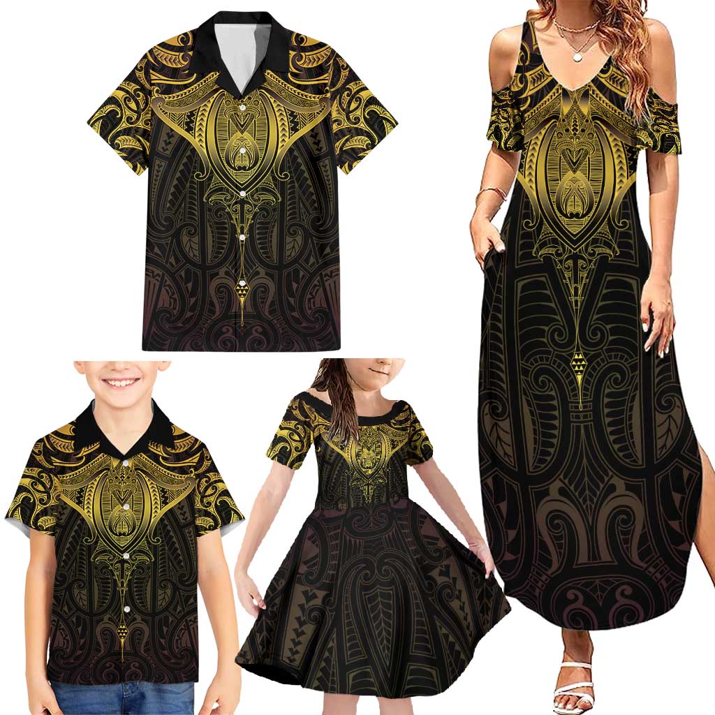 New Zealand Aotearoa Family Matching Summer Maxi Dress and Hawaiian Shirt Maori Manta Ray Moko Gold - Polynesian Pride