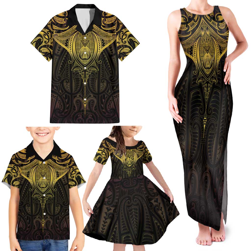 New Zealand Aotearoa Family Matching Tank Maxi Dress and Hawaiian Shirt Maori Manta Ray Moko Gold - Polynesian Pride