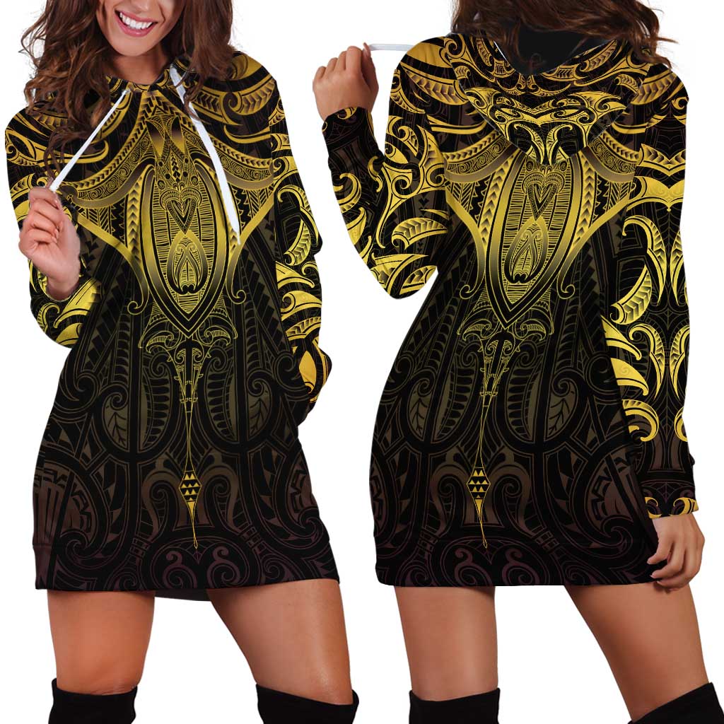 New Zealand Aotearoa Hoodie Dress Maori Manta Ray Moko Gold - Polynesian Pride
