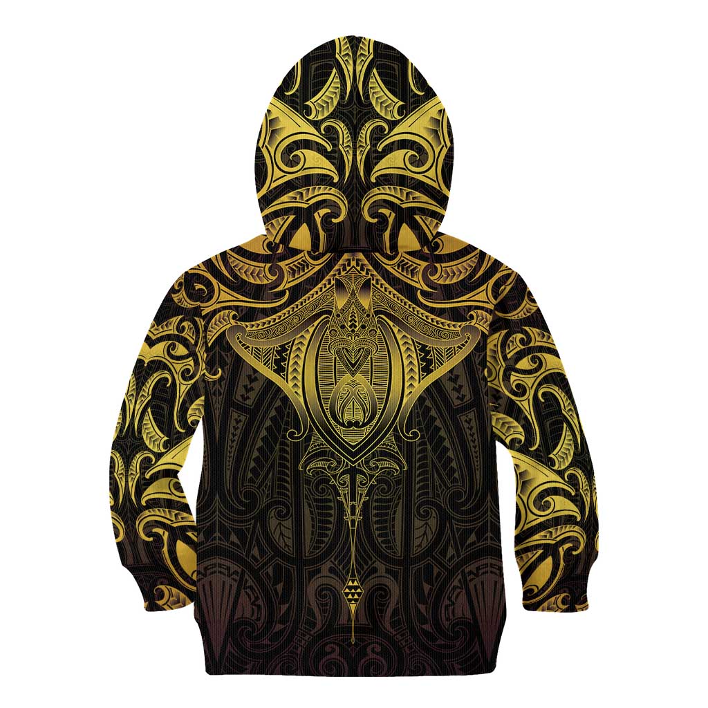 New Zealand Aotearoa Kid Hoodie Maori Manta Ray Moko Gold - Polynesian Pride