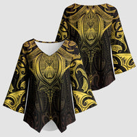 New Zealand Aotearoa Kimono Sleeve Blouse Maori Manta Ray Moko Gold - Polynesian Pride