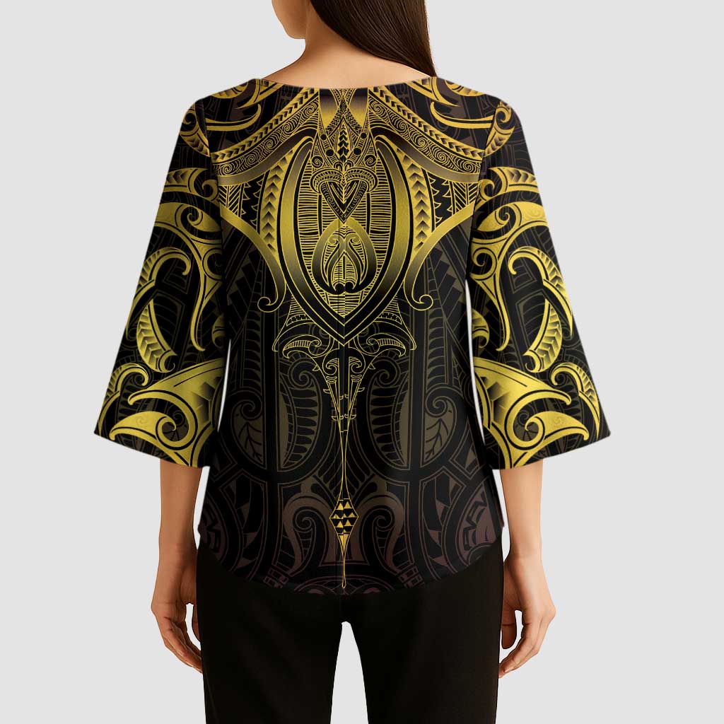 New Zealand Aotearoa Kimono Sleeve Blouse Maori Manta Ray Moko Gold - Polynesian Pride