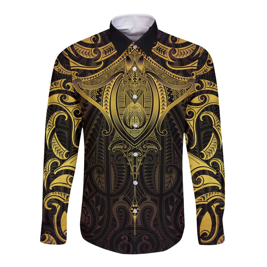 New Zealand Aotearoa Long Sleeve Button Shirt Maori Manta Ray Moko Gold - Polynesian Pride