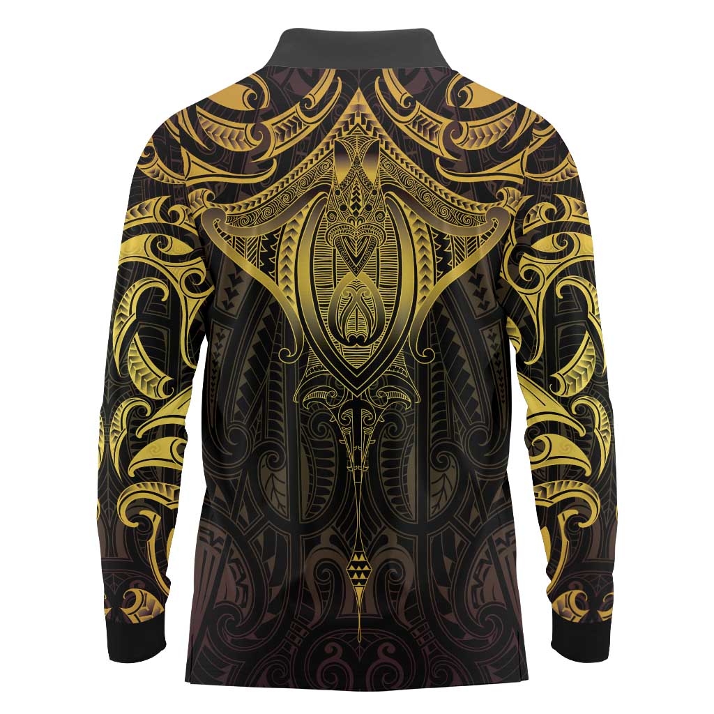 New Zealand Aotearoa Long Sleeve Polo Shirt Maori Manta Ray Moko Gold - Polynesian Pride
