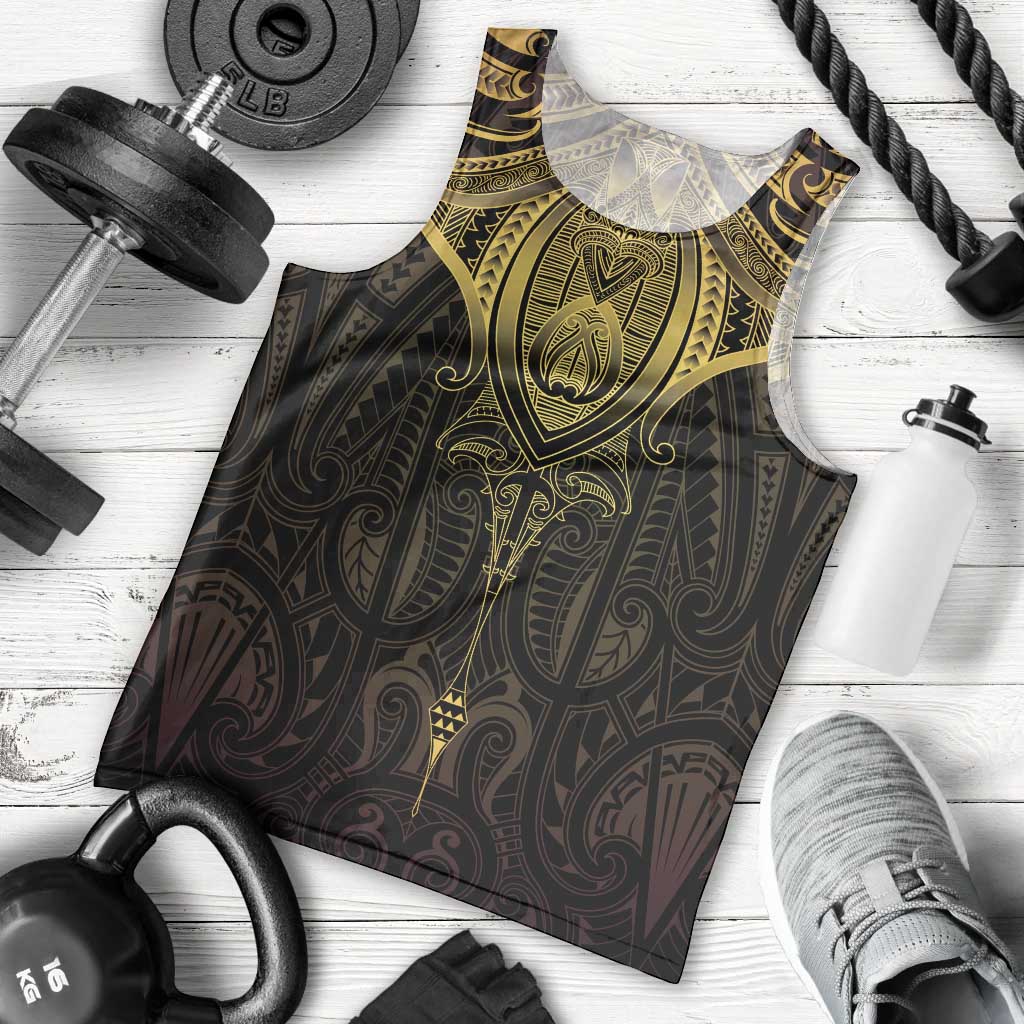 New Zealand Aotearoa Men Tank Top Maori Manta Ray Moko Gold - Polynesian Pride