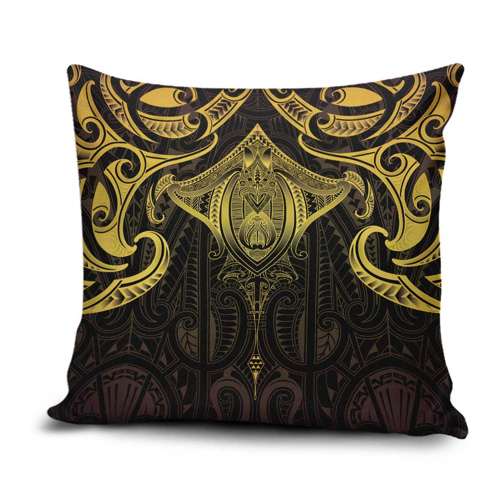 New Zealand Aotearoa Pillow Cover Maori Manta Ray Moko Gold - Polynesian Pride