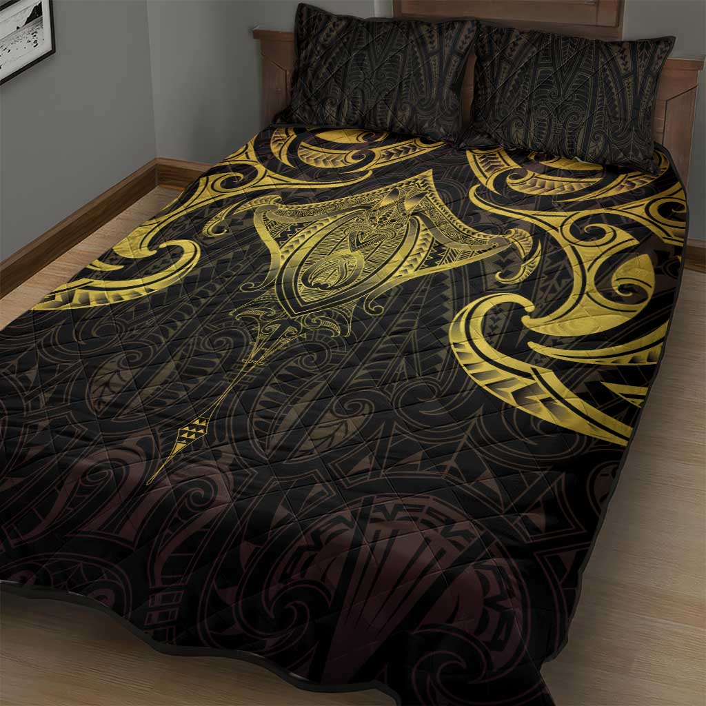 New Zealand Aotearoa Quilt Bed Set Maori Manta Ray Moko Gold - Polynesian Pride