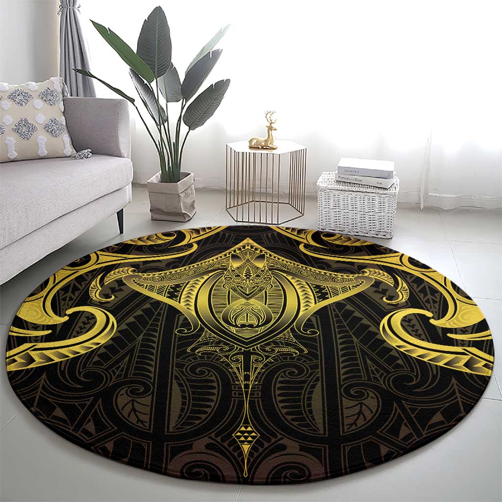 New Zealand Aotearoa Round Carpet Maori Manta Ray Moko Gold - Polynesian Pride