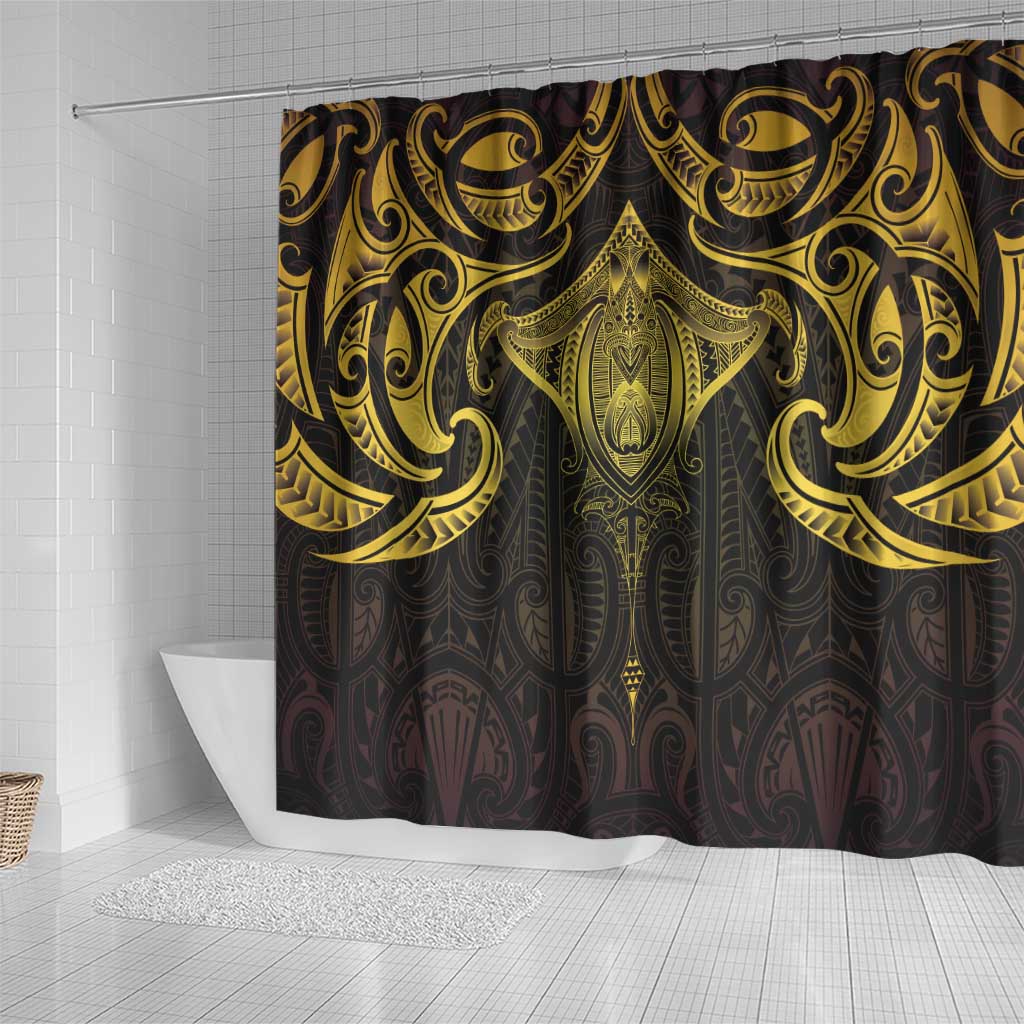 New Zealand Aotearoa Shower Curtain Maori Manta Ray Moko Gold - Polynesian Pride