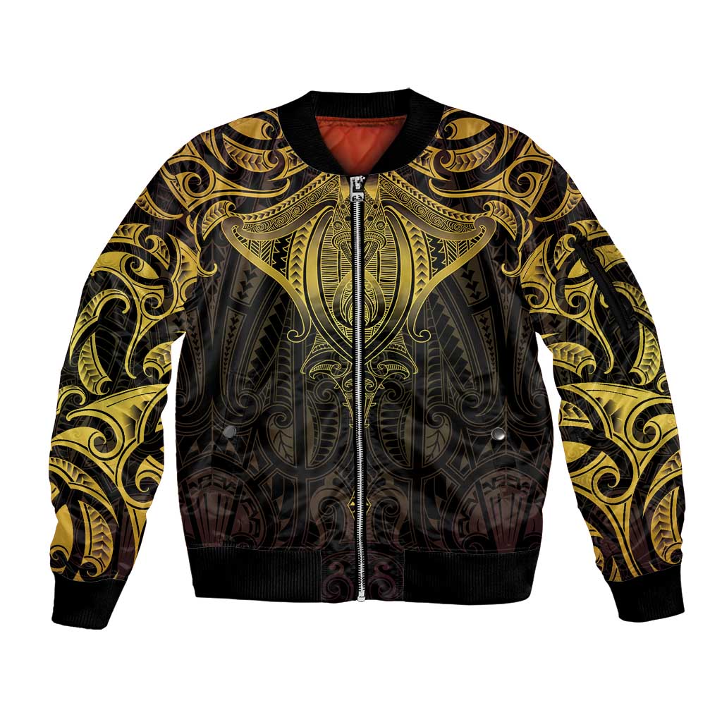 New Zealand Aotearoa Sleeve Zip Bomber Jacket Maori Manta Ray Moko Gold - Polynesian Pride