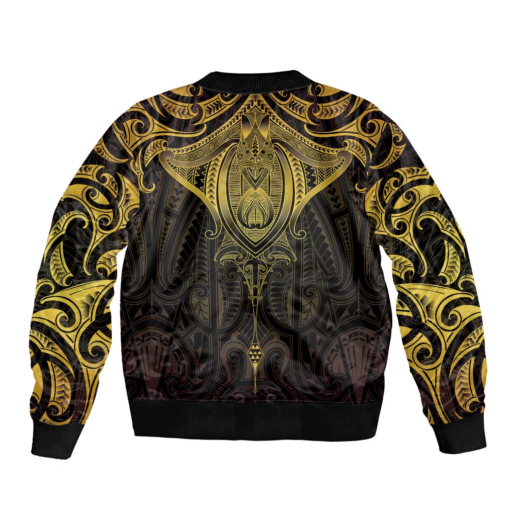 New Zealand Aotearoa Sleeve Zip Bomber Jacket Maori Manta Ray Moko Gold - Polynesian Pride
