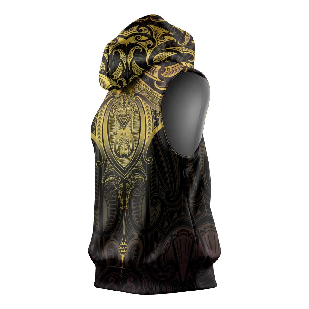 New Zealand Aotearoa Sleeveless Hoodie Maori Manta Ray Moko Gold - Polynesian Pride