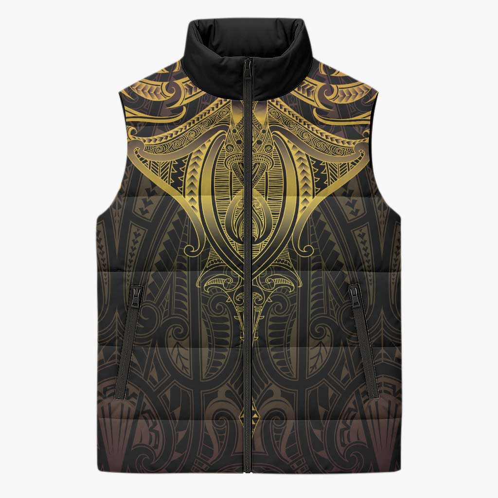 New Zealand Aotearoa Sleeveless Puffer Jacket Maori Manta Ray Moko Gold - Polynesian Pride