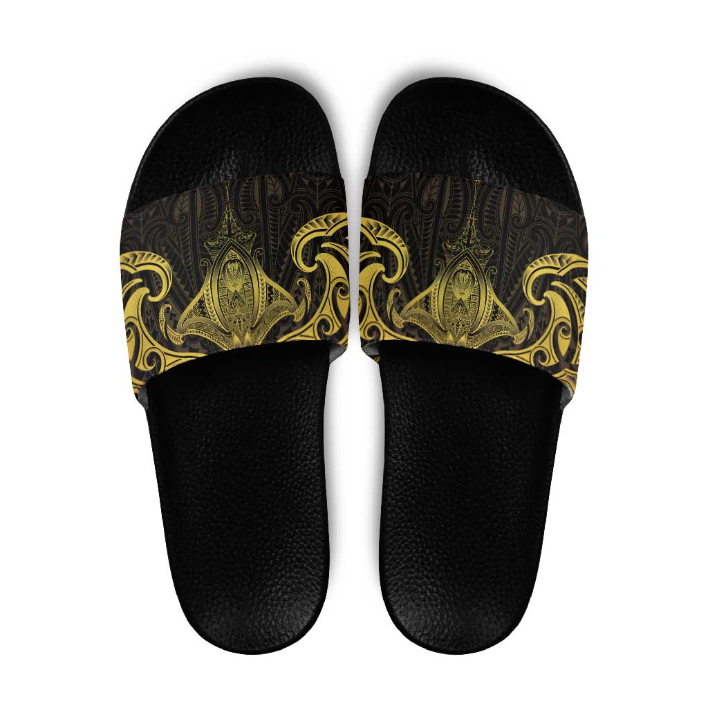 New Zealand Aotearoa Slide Sandals Maori Manta Ray Moko Gold - Polynesian Pride